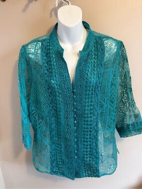 Kerry Brooke Teal Sheer Lace Crochet Trim Blouse LP
